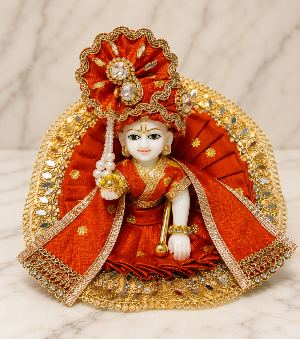 Laddu Gopal Red Dress – Handmade Poshak with Matching Choli, Pagdi & Patka