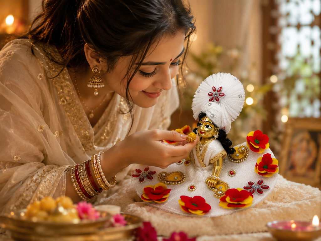 Laddu Gopal White Floral Dress – Premium Handmade Shringar Poshak with Pagdi