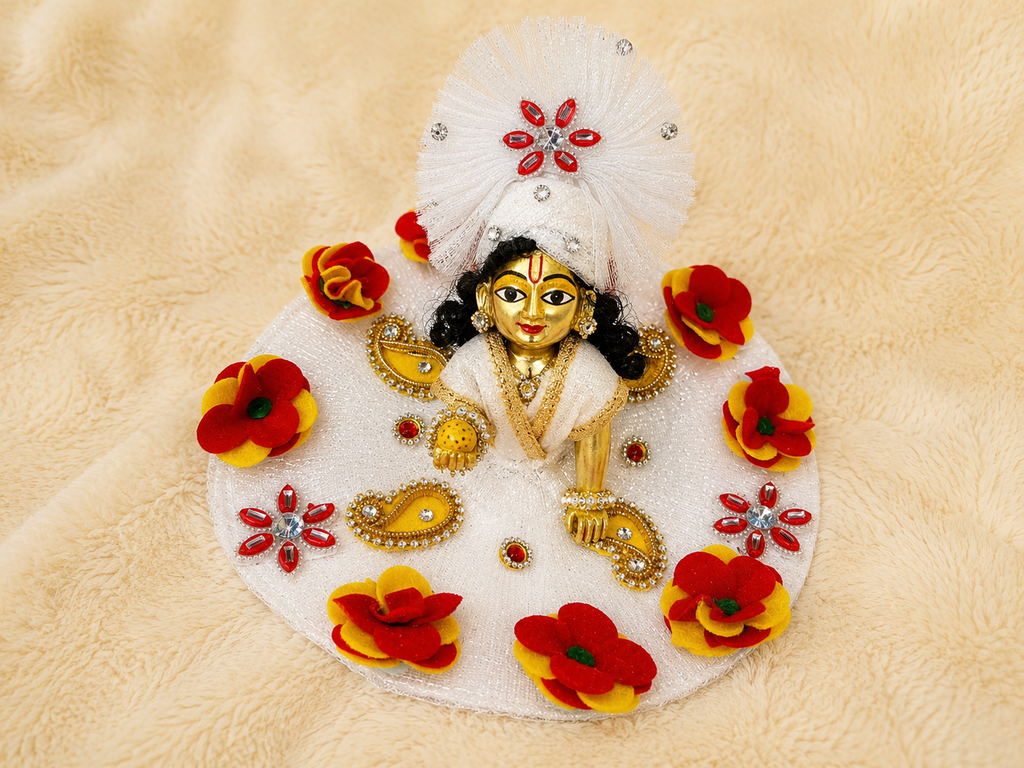 Laddu Gopal White Floral Dress – Premium Handmade Shringar Poshak with Pagdi