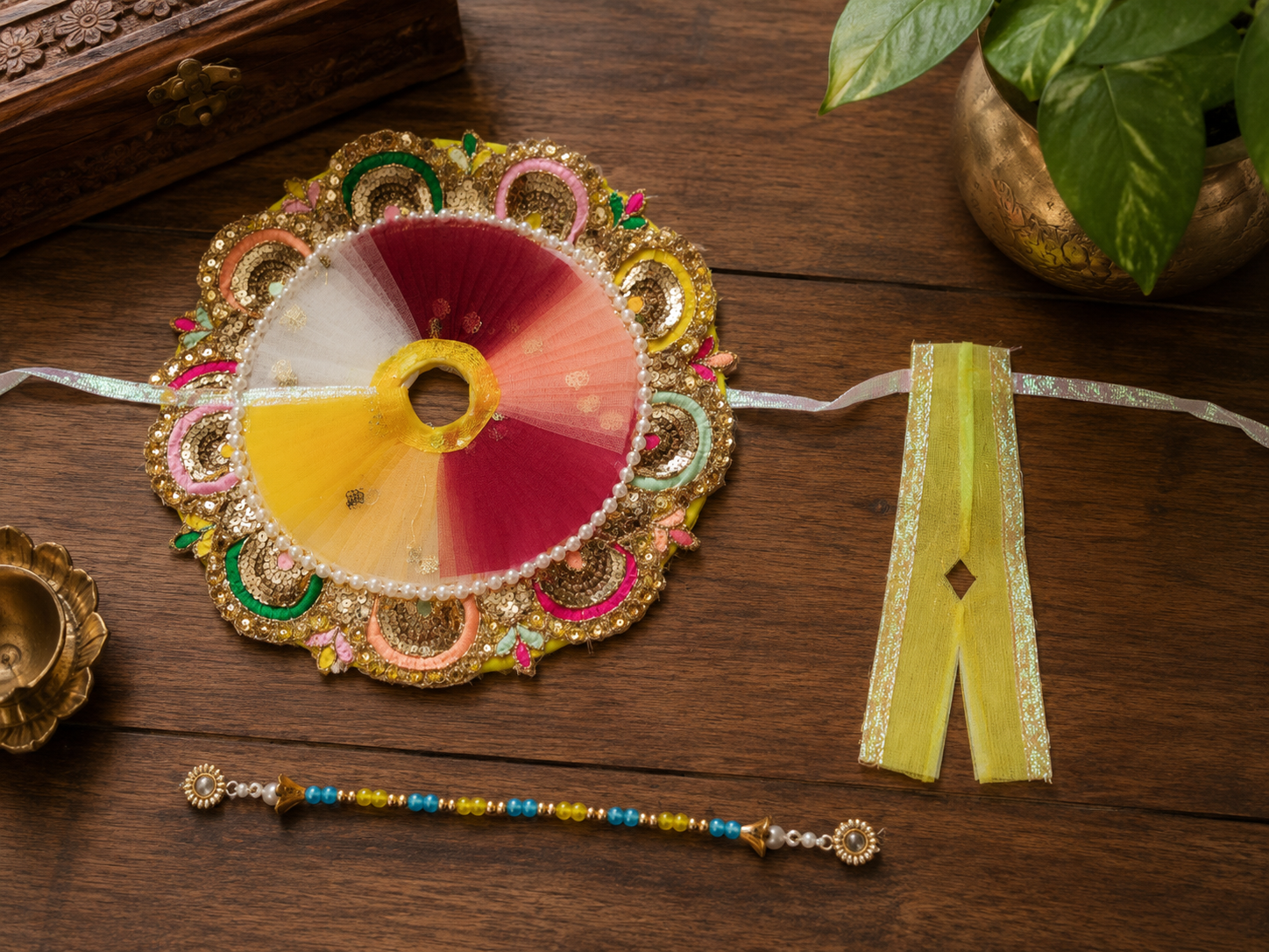 Laddu Gopal Multicolor Dress – Handmade Poshak with Matching Choli, Pagdi, Patka & Jarkan