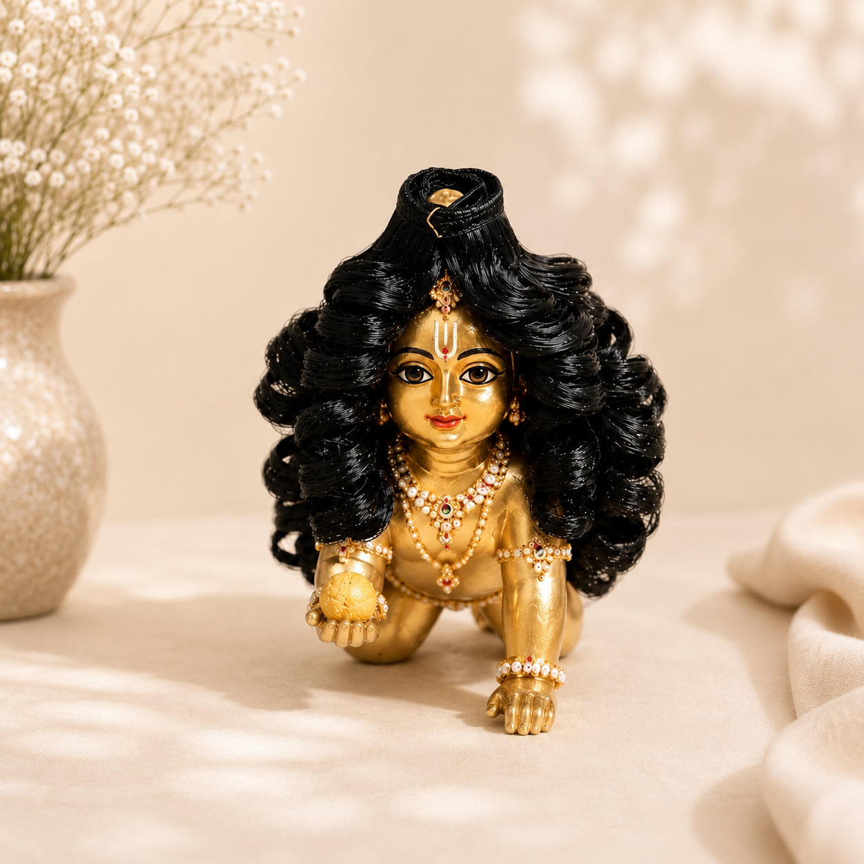Laddu Gopal Curly Hair Wig | Handmade Soft Fiber Hair