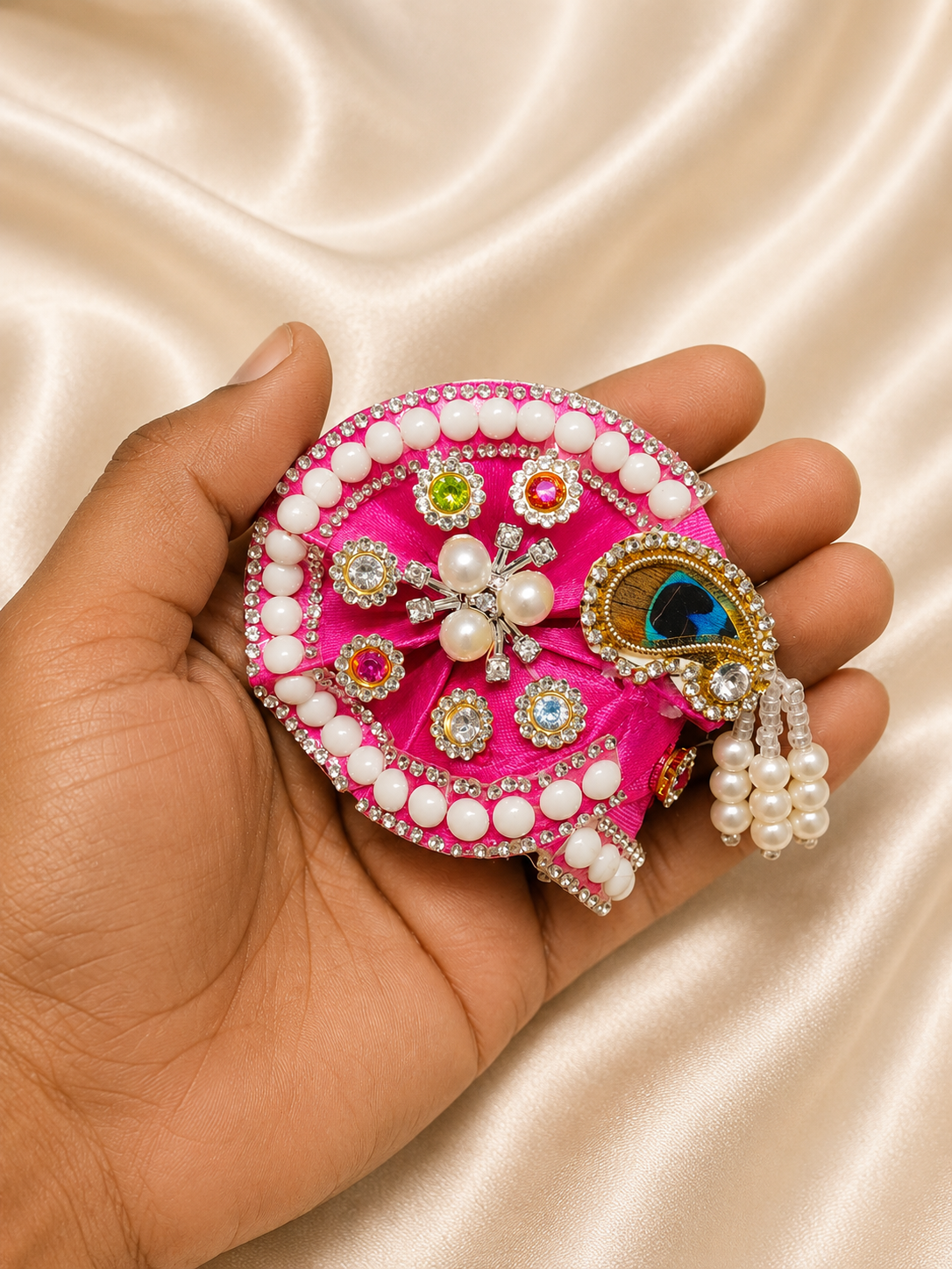 Laddu Gopal Morpankh Mukut with Pearl Latkan | Premium Handmade Krishna Crown for Divine Shringar