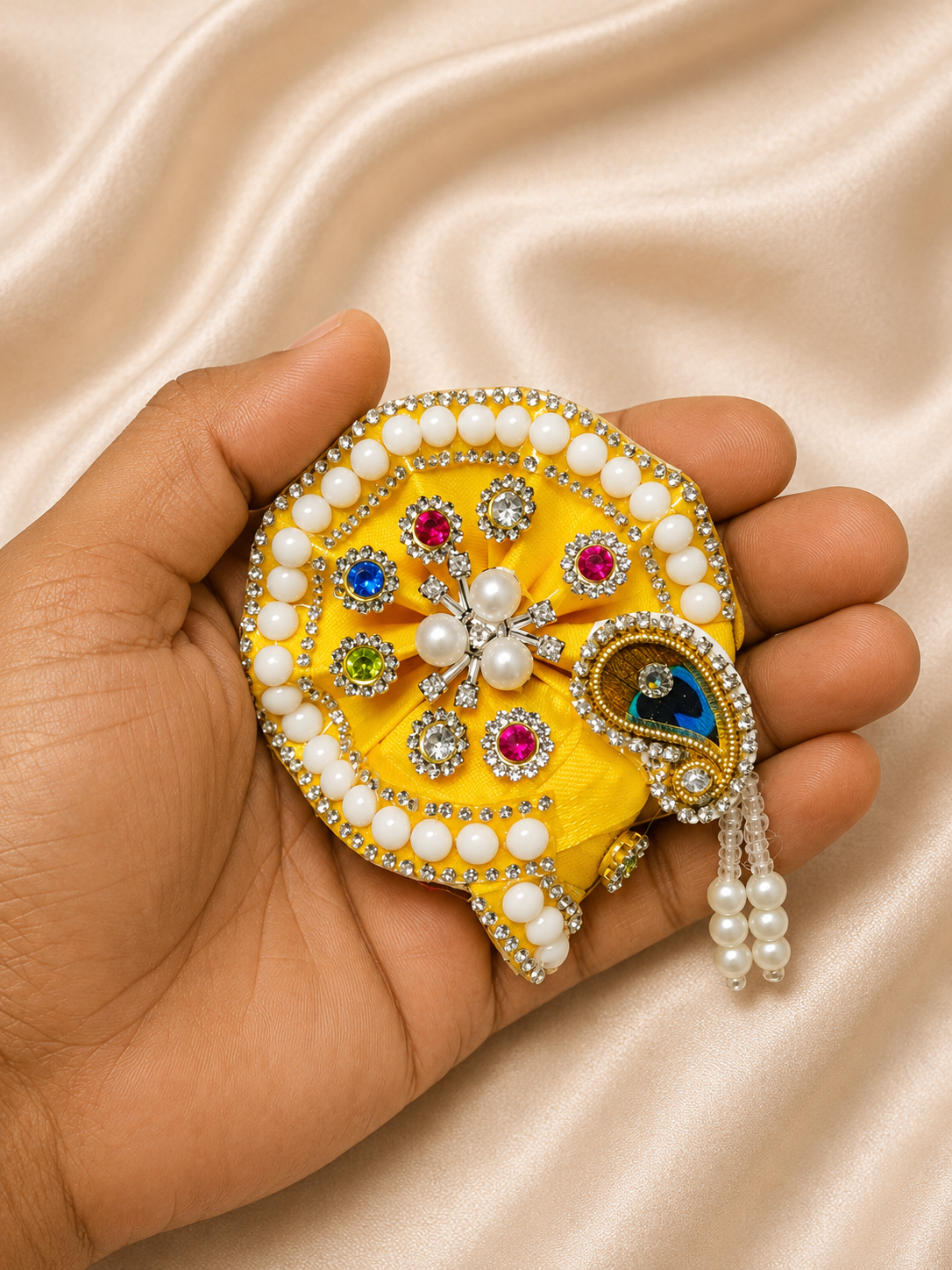 Laddu Gopal Morpankh Mukut with Pearl Latkan | Premium Handmade Krishna Crown for Divine Shringar