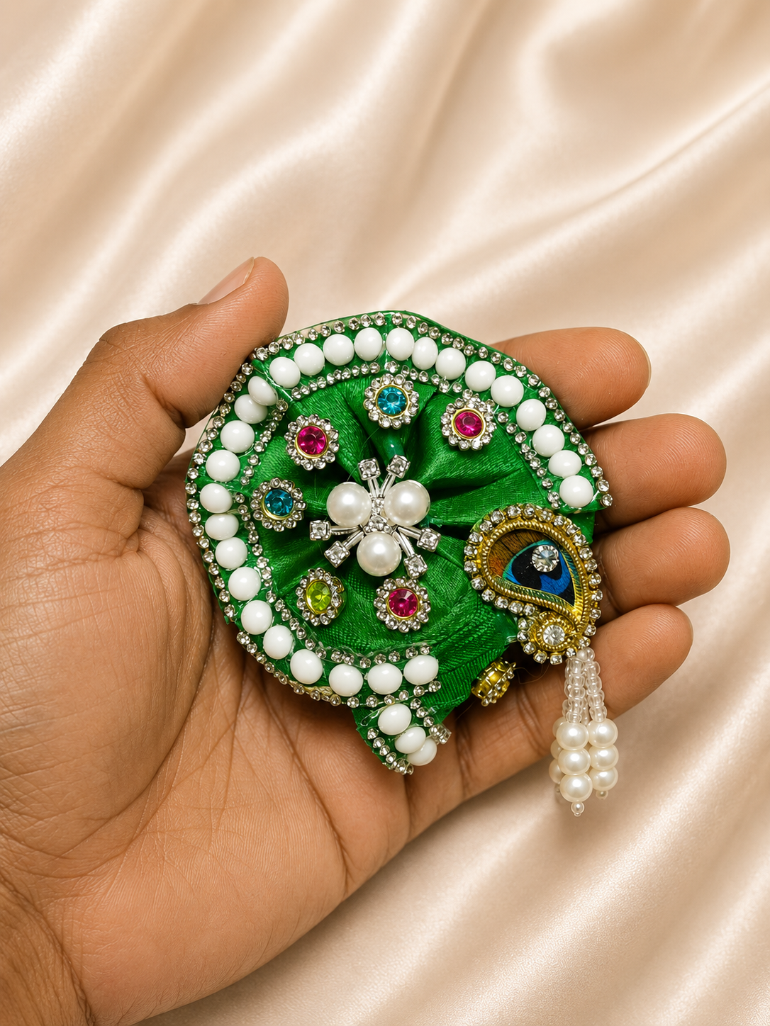 Laddu Gopal Morpankh Mukut with Pearl Latkan | Premium Handmade Krishna Crown for Divine Shringar