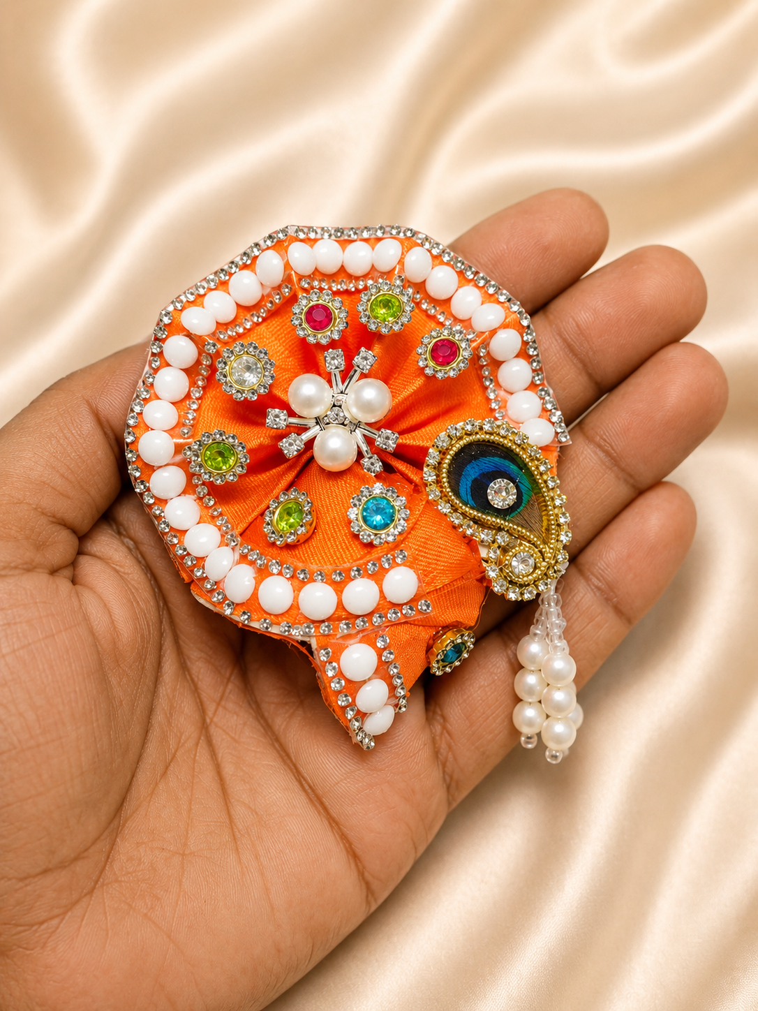 Laddu Gopal Morpankh Mukut with Pearl Latkan | Premium Handmade Krishna Crown for Divine Shringar