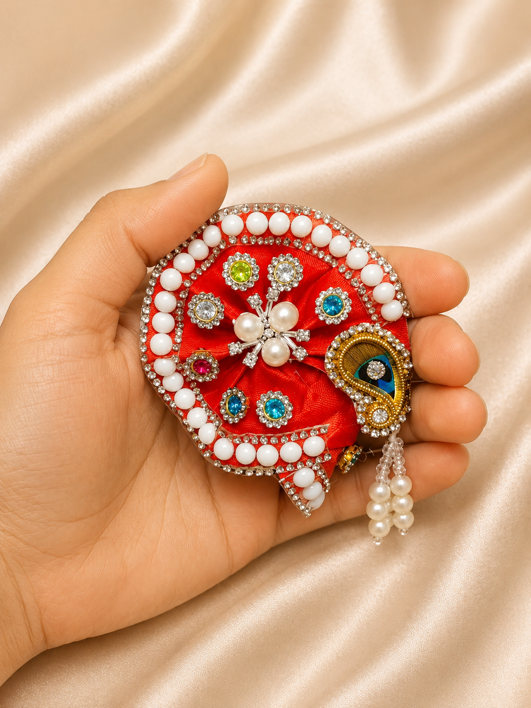 Laddu Gopal Morpankh Mukut with Pearl Latkan | Premium Handmade Krishna Crown for Divine Shringar
