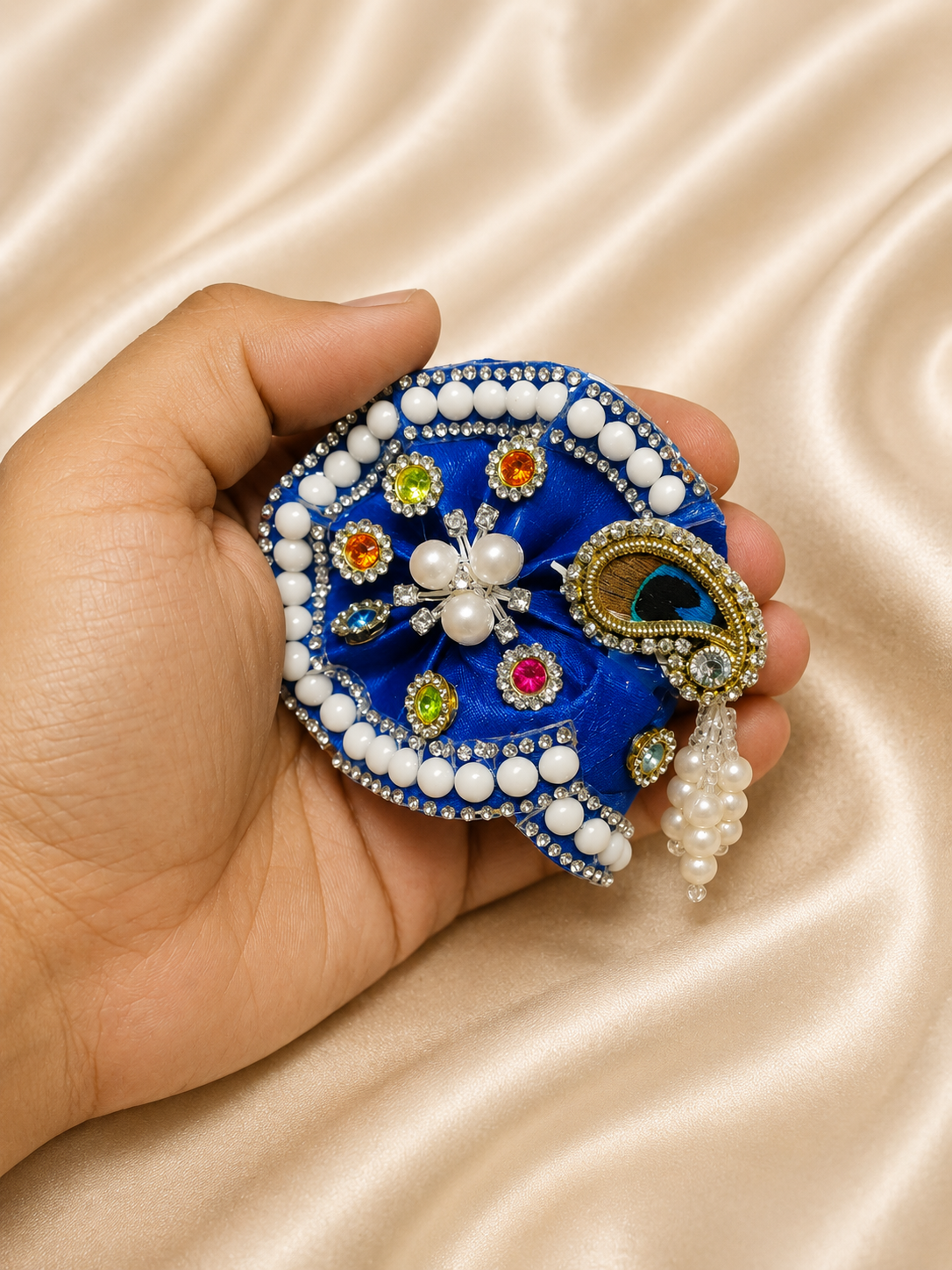 Laddu Gopal Morpankh Mukut with Pearl Latkan | Premium Handmade Krishna Crown for Divine Shringar